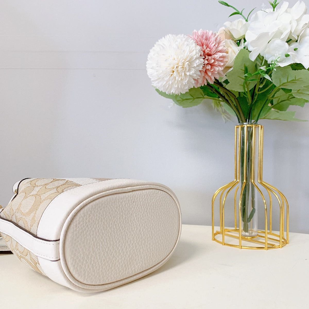 Coach C8322 Mini Dempsey Bucket Bag In Signature Jacquard In Light Khaki Chalk Coach C8322 Mini Dempsey Bucket Bag In Signature Jacquard In Light Khaki Chalk